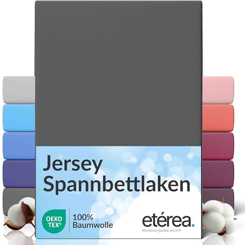 etérea Jersey Spannbettlaken 200x220cm Anthrazit bis 25 cm Höhe - 100% Baumwolle Spannbetttuch Oekotex - Bed Sheets Leintuch Bettbezug mit Rundumgummi - Bettlaken 200x220 cm - Anthracite