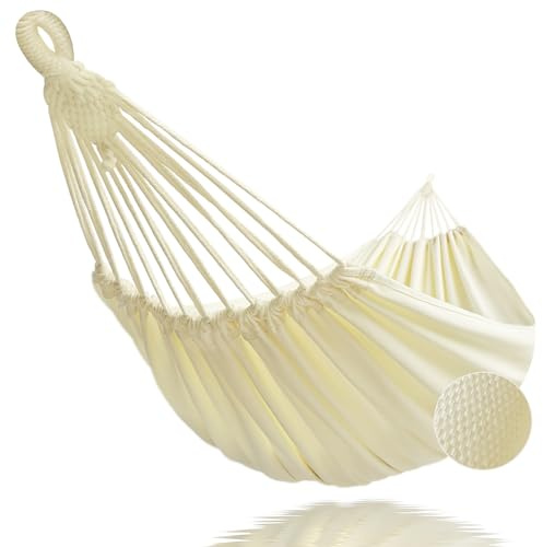 GOCAN Hängematten Garten Outdoor Garten Hängematten Leinwand 220x150cm Gesamtlänge 330cm Belastung 300kg Hängematte Doppelte Hängematte für Terrasse Veranda und Indoor (Beige)