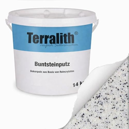 Terralith Buntsteinputz 14kg in weiß, Sockelputz für Innen und Außen mit Reinacrylat Bindemittel aus Naturstein, 1-2mm Körnung (BSP01)