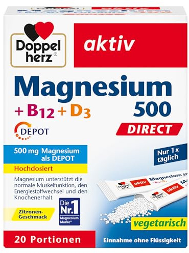 Doppelherz Magnesium 500 + B12 + D3 DIRECT mit DEPOT-Funktion - Magnesium als Beitrag für die normale Funktion der Muskeln und des Nervensystems - 20 Portionen Micro-Pellets