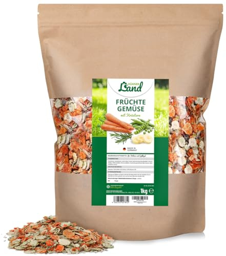 HÜHNER Land Hühnerfutter Früchte-Gemüse mit Kräutern Menü 1kg I Gemüseflocken für Hühner, Geflügelfutter, Natürliches Hühner Zusatzfutter Vitamine & Nährstoffe