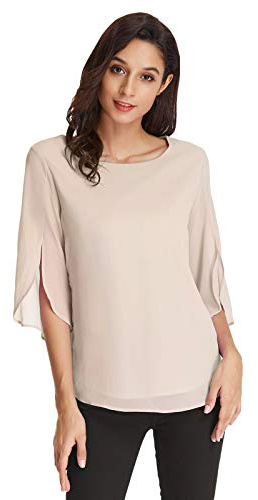 GRACE KARIN Damen Elegant Bluse 3/4 Ärmel Chiffon Oberteile Shirt Tops | Dreiviertelärmel,Geschlitzte Ärmel,Rundhalsausschnitt,Oberteil Gefüttert,Casual,Elegant