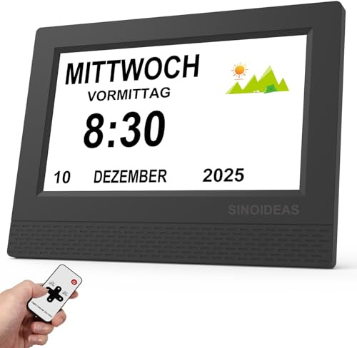 SINOIDEAS 7 Zoll Digitaler Wecker, Demenzuhr für Senioren | Digitaler Kalender mit 24 Benutzerdefinierten Erinnerungen, 17 Themen & Auto DST(Schwarz)