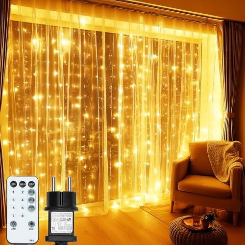 MAGGIFT Lichtervorhang Innen Außen 3×3m 450 LED Lichterkette Fenster mit Stecker/Fernbedienung/8 Modi/Timer/Dimmbar, Wasserdicht Lichterketten Vorhang für Outdoor Party Weihnachten Wand Deko, Warmweiß