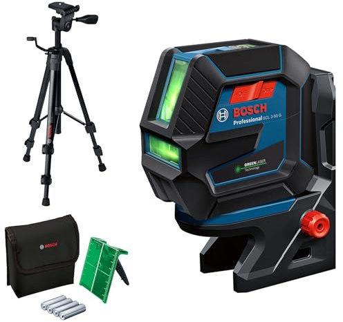Bosch Professional Kreuzlinienlaser GCL 2-50 G (grüner Laser, Innenbereich, Halterung RM 10, Stativ BT 150, sichtbarer Arbeitsbereich: bis 15 m, 4x AA-Batterie, in Kartonschachtel)