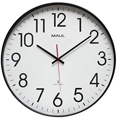 Maul Funk Wanduhr schwarz MAULclimb analog weiß rund leise Ø 47 cm | klare Sicht durch Mineralglas, automatische Zeitumstellung, ruhiger Lauf, starke Fernwirkung, moderne Optik für große Räume