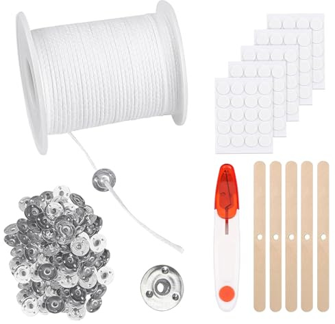 ALLAVA 6100cm Kerzendocht, Dochte für Kerzen mit 100 Stück Dochthalter, 100 Stück Kerzen Sticker, Rauchfrei Kerzendochte für Kerzen, Cotton Candle Wick für DIY Kommunionkerze Duftkerzen Öllampen
