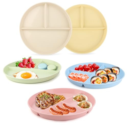 5 Stück Teller mit Unterteilung, Kinderteller Unterteilt Geteilte Teller mit Unterteilung 3 Fächern Geteilte Platte Speiseteller Teller Sets für Kinder Und Erwachsene, Mikrowellen & Spülmaschinenfest