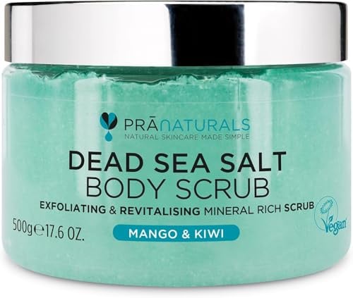 PraNaturals Körperpeeling mit Salz aus dem Toten Meer 500g - Feuchtigkeitsspendend & pflegend, Natürlichen Ölen & Mineralstoffen, keine Parabene, vegan, frei von Tierversuchen (Mango und Kiwi)