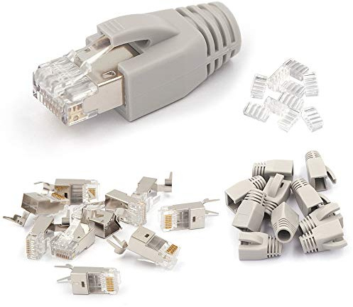 VCE RJ45 Stecker CAT7 CAT6A, 10 x Netzwerkstecker, 10Gbit/s, PoE-fähig, LAN Stecker für Verlege- & Installationskabel, Geschirmt mit Einfädelhilfe und Knickschutz, grau