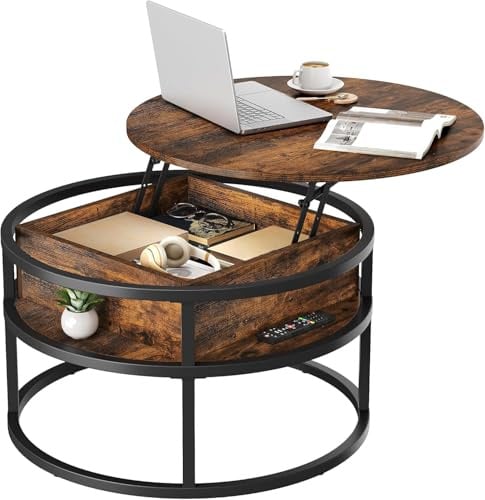 YITAHOME Couchtisch Rund mit Hebeplatte, Wohnzimmertisch mit verstecktem Ablagefach, Beistelltisch Rund mit Stauraum für Home Office, Runder Mitteltische Wohnzimmer