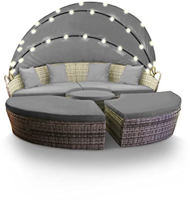 Swing & Harmonie Sonneninsel - Poly Rattan Lounge - mit LED Beleuchtung - Hochwertige Garten-Couch - Outdoor-Chill-Lounge - Couchliege Garten - Sunbed - (210cm, Grau)