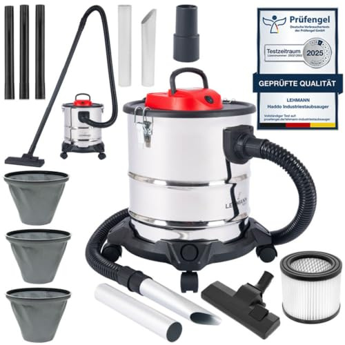 LEHMANN Haddo Industriestaubsauger 2000W | Aschesauger für Kamin mit Doppelfilteranlage | Kaminsauger Ascheschlucker | Nass Trockensauger mit 20 Liter Edelstahltank, Silber