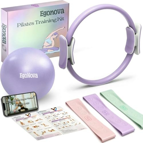 EgoNova Pilates Ring Set: 35cm Magic Circle mit doppelten gepolsterten Griffen, Pilates Mini Ball und Resistance Bands (15, 25, 35 lbs) für Stärke, Flexibilität, Stabilität und Körperstraffung