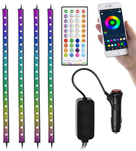 Lescars Auto LED: 4er-Set Kfz-LED-RGB-Streifen mit Fernbedienung, Bluetooth, App (Auto Streifen, Band, Golf)