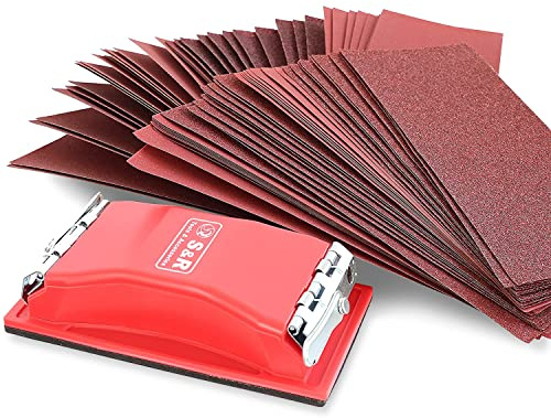 S&R 80-tlg. Schleifpapiersatz mit Handschleifer: Schleif-Papier und Schleif-Blätter für Metall, Holz, Plastik und Trockenbau – Körnungen P40-P400 für Grob- und Feinschliff