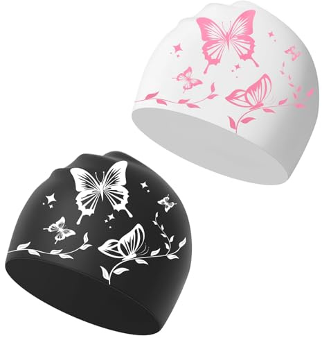 CAINCAY Badekappe Damen, 2 Stück Silikon Badekappe Elastisch Badehaube, Swimming Cap Unisex Wasserdicht Schwimmkappe Schwimmmütze für Männer Frauen