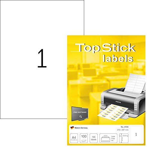 TopStick 8720 Universal Etiketten, 1000 Blatt, 210 x 297 mm, 1 pro A4 Bogen, 1000 Stück, selbstklebend, bedruckbar, matt, blanko Papier Klebeetiketten Aufkleber, weiß