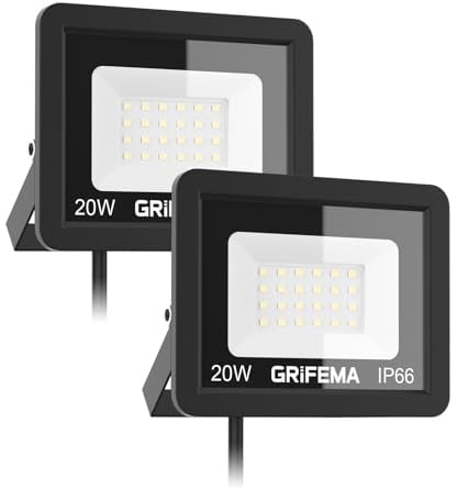 GRIFEMA 20W LED Strahler Außen, [2 Stück] 2200LM, 6500K Kaltweiß, IP66 Wasserdicht, Verstellbarer 180° Halter, für Garten, Garage, Hof, Außenbeleuchtung, Ohne Stecker, Schwarz