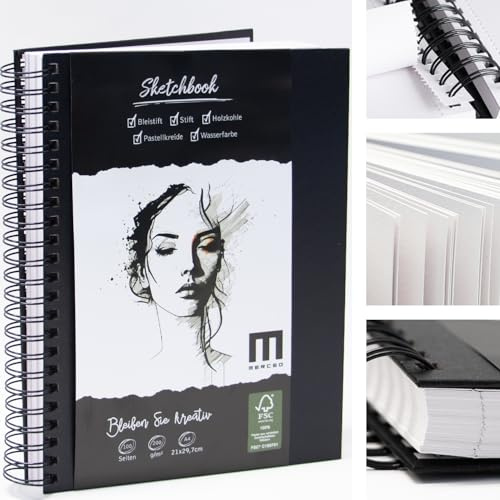 Skizzenbuch A4 200g/m² dickes Papier Spiralbindung - Sketchbook Malblock für Künstler & Designer - Ideal für Skizzen, Zeichnungen & Notizen (50 Blatt / 100 Seiten)