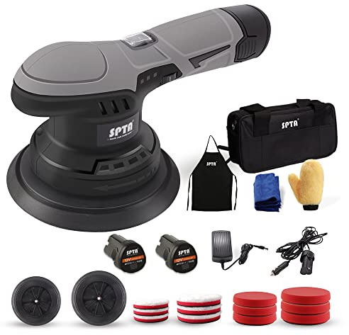 SPTA Akku Wachsmaschine, 125mm, 150mm Dual Action Poliermaschine Polierer mit 6 Stufen, austauschbare Akkus 12V, 2X Polierhauben, 6X Polierschwamm, 6X Polierpad zum Wachsen -LD601EU