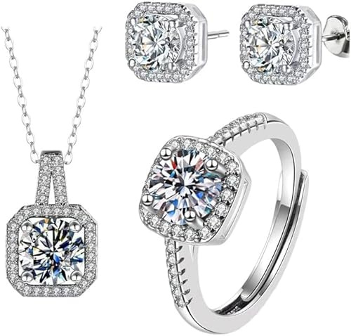 FDEETY Schmuckset Damen Silber, 925 Sterling Silber Anhänger Halskette Ring und Ohrringe Set Weißer Zirkonia Kristall Schmuckset Geschenke für Hochzeit Verlobung