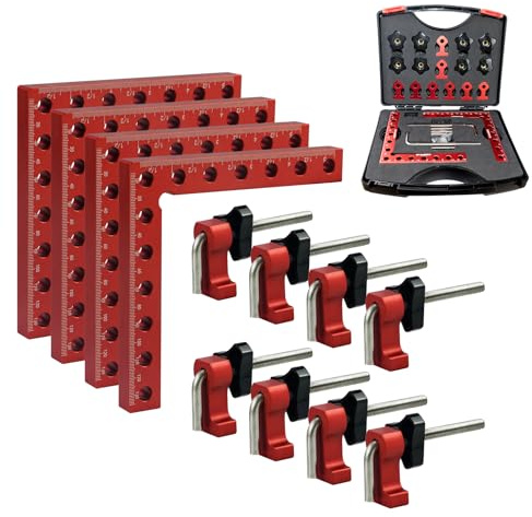 DEEFIINE 90 Grad Winkel Klemme Positionierwinkel 140mm/5,5 Zoll, 4 Paare Befestigungsclips, Messwinkel Rechtwinklige Klemme für Zimmermannswerkzeug, Winkelspanner für Bilderrahmen Regalschränke (Rot)