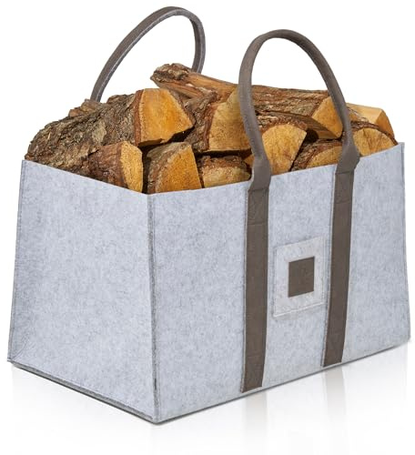 OAKAGE® Einkaufstasche Faltbar Filztasche Shopper Holzkorb für Kaminholz Groß Kaminholzkorb Filzkorb Feuerholzkorb Brennholzkorb Kaminkorb Kaminholztasche | Korb Hellgrau