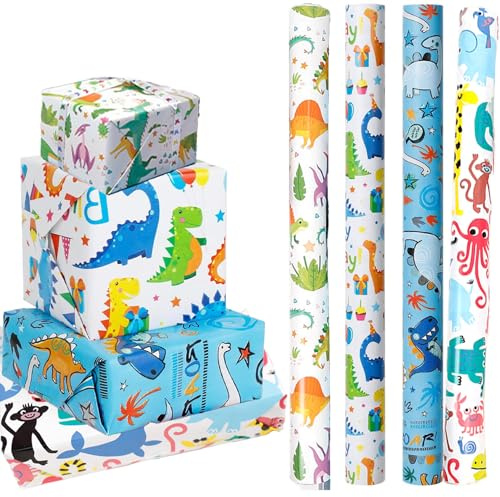 Yolistar 4 Rollen 43cm*300cm Dinosaurier Geschenkpapier Rollen, Recycelbar Geschenk Papier Erwachsene mit Schnittlinie auf Rückseite, Birthday Gift Wrapping Paper für Geburtstage, Hochzeiten, Partys
