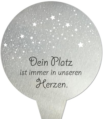 younikat Grabschmuck wetterfest aus Edelstahl 16 cm I Grabdekoration mit Spruch I Grabstecker Rund I Grab Deko - Dein Platz ist immer in unseren Herzen I you0079
