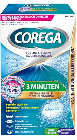 Corega 3 Minuten Tabs für Voll- und Teilprothesen, Retainer und Aligner, Zahnschutzschienen und andere herausnehmbare Zahnspangen, 1x66 Stk.