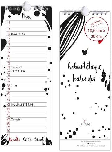 TOBJA Immerwährender Geburtstagskalender jahresunabhängig Rot, Schwarz, Weiß – 11 x 30 cm – Wandkalender ohne Jahr – Kalender für Geburtstage & besondere Daten