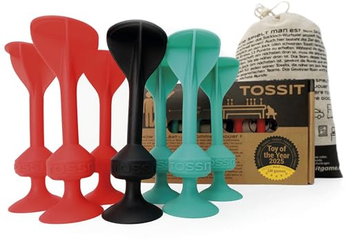 TOSSIT Spiel Saugnapf Darts, Indoor Outdoor Drinnen Draußen, Boccia, Petanque, Wurfspiel, Nachhaltig langlebig Silikon, Boden oder Wand, Starter Pack, Rot Cyan