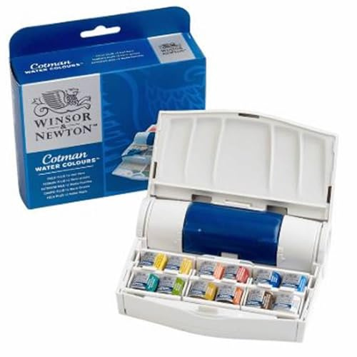 Winsor & Newton 0390374 Cotman Field Plus Set Aquarellfarben Set, lebendige Wasserfarben mit hoher Lichtechtheit, große Farbauswahl, Alterungsbeständig - 12 Farben in 1/2 Näpfen, Pinsel, Mischpalette