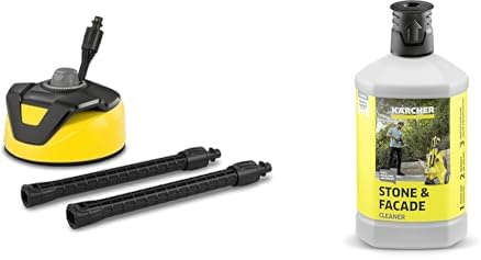 Kärcher Flächenreiniger T-Racer T 5 (Spritzwasserschutz, für große Flächen, zwei Flachstrahldüsen, Handgriff für senkrechtes arbeiten) & Stein- und Fassadenreiniger 3-in-1 (1 l)