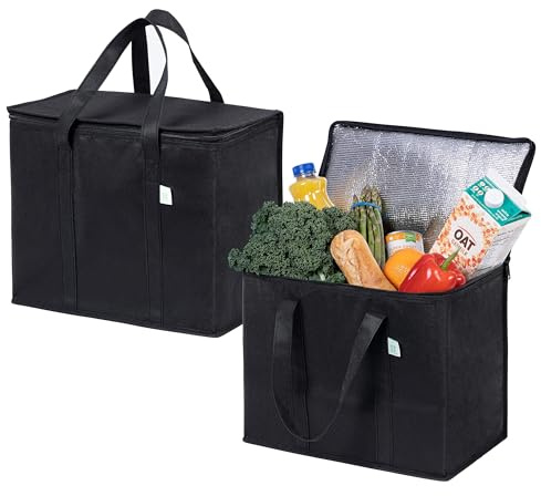 VENO 2 Stück Einkaufstasche Wiederverwendbare Faltbar Kühltasche Einkaufskorb, Groß Picknickkorb Robuste Isoliertasche Lunchtasche, Aufrecht Stehend Thermotasche (Schwarz, 2er-Pack)