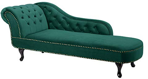 Recamiere CHESTERFIELD - 170cm - smaragdgrün - Samt Knopfheftung Design | Armlehne, Rundumbezug, Nietenbesatz, Nosagfederung, Wellenfederung, hoher Komfort, angenehme Haptik, Eyecatcher