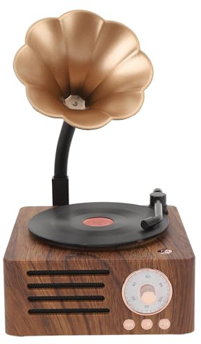 Retro Bluetooth Lautsprecher, 3 in 1 Aux und Radio, Vintage Grammophon, Plattenspieler, Plattenspieler mit Kupferhorn, Stereo Lautsprecher für Büro Schreibtisch Dekoration