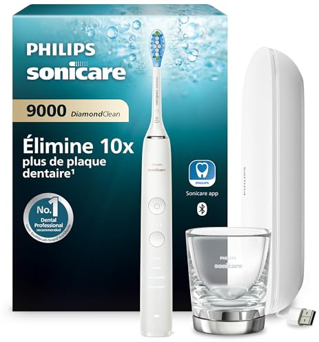 Philips Sonicare DiamondClean 9000 elektrische Zahnbürste, Schallzahnbürste mit App, Drucksensor, 4 Putzmodi, 3 Intensitätsstufen, Ladeglas und USB-Reiseetui, Weiß, Modell HX9911/27