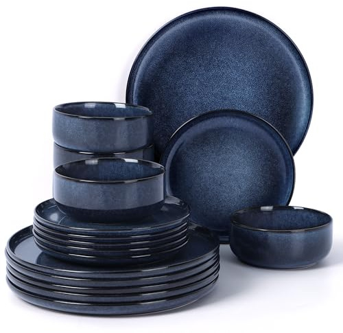 Homikit Geschirrset 6 Personen, 18-tlg Steinzeug Geschirr Set, Reaktive Glasur Tafelservice mit Speiseteller Dessertteller Müslischüsseln, Mikrowellen- und Spülmaschinenfest, Kratzfest, Universum Blau