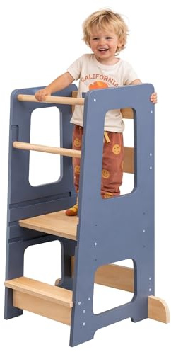 KYWAI® – Montessori Lernturm ab 1 Jahr, aus robustem Holz, Premium-Modell in Großformat, Learning Tower mit Doppelter Sicherheitsbarriere, Antirutschstreifen, Höhenverstellbar