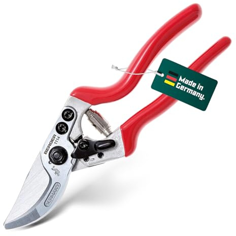 BERGER Handschere Alu-Linie 1114 | Aluminium Rosenschere mit 15° abgewinkelten Schneidkopf, austauschbaren Klingen & Haken | Gartenschere mit Drahtkerbe, Saftrille, Dauerschmierung | Made in Germany