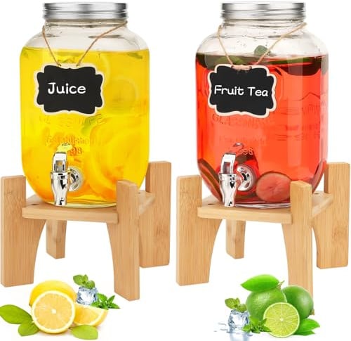 Hisredsun 2 x 4L Getränkespender mit Ständer, Getränkespender Glas mit Zapfhahn, Glas-Wasser-Saft-Spender mit Hahn, Wasserkrug mit Hahn Perfekt für Partys/Hochzeiten/Geburtstage