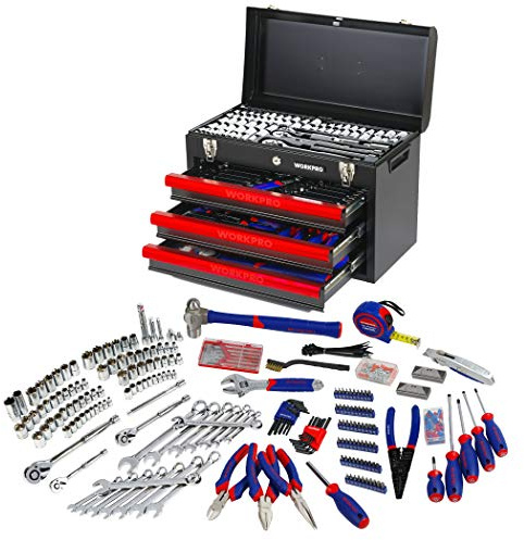 WORKPRO Werkzeugkoffer groß, 408tlg. Werkzeugsatz mit 3 Metall Schubladen, Heavy Duty Werkzeugschrank für Mechaniker, Werkstatt, Garage, Wekrzeug Set für Profis