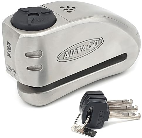 Artago 32 High-End Bremsscheibenschloss Motorrad Ohne oder Mit Alarm 120 dB + Don't Touch Warnung, Exklusives SAA-Dreifachverschluss-System, 5 mm Bohrschutz, SRA Geprüfte BUNKER SELECTION, inox