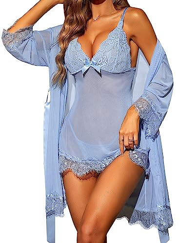 RSLOVE Sexy Dessous für Damen Spitzen-Babydoll mit Morgenmantel Nachtkleid Nachtwäsche Hellblau L