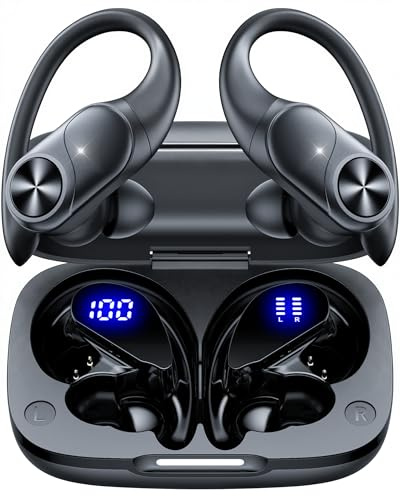 ECLVOX Kabellose Bluetooth Kopfhörer Sport 5.3, 80h Laufzeit, Doppel LED Akkuanzeige, IPX7 Wasserdicht, 13mm Treiber, Physische Tasten, USB-C, In Ear Ohrhaken für Joggen & Fitness