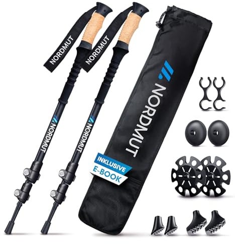 NORDMUT® Wanderstöcke Teleskop aus stabilen Aluminium oder Carbon - Leichte Nordic Walking Stöcke Damen und Herren - Komfortable Korkgriffe mit Eva-Schaum Verlängerung Aluminium/Wanderstöcke