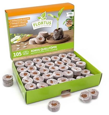 FLORTUS – Kokos Quelltöpfe aus Anzuchterde mit Nährstoffen – 105 Stk. Kokos Quelltabletten torffrei & biologisch abbaubar – Quelltabs aus Kokoserde gepresst zur Pflanzen Anzucht von Samen & Setzlingen