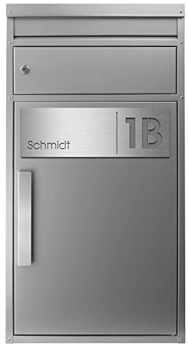 Paketbriefkasten SafePost 65MS inkl. Gravur Namensschild Edelstahl V4A/Silber RAL 9006 Design-Paketkasten für alle Paketdienste Paketbox mit Briefkasten modern Standbriefkasten XXL draussen
